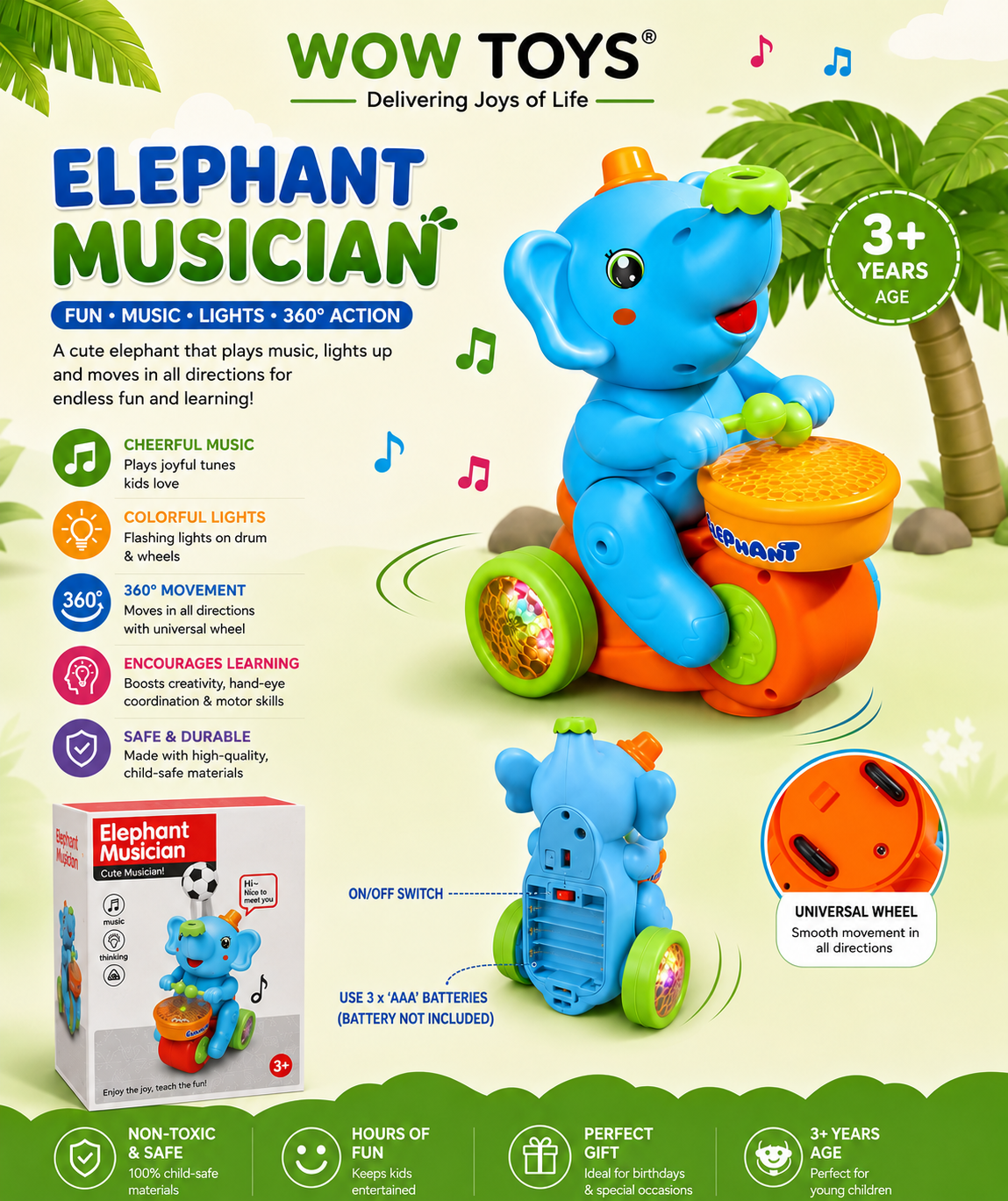 WOW TOYS® Elephant Musical Toy with Lights, 360° Universal Wheel & Ball Balancing for Kids- 3+ Years