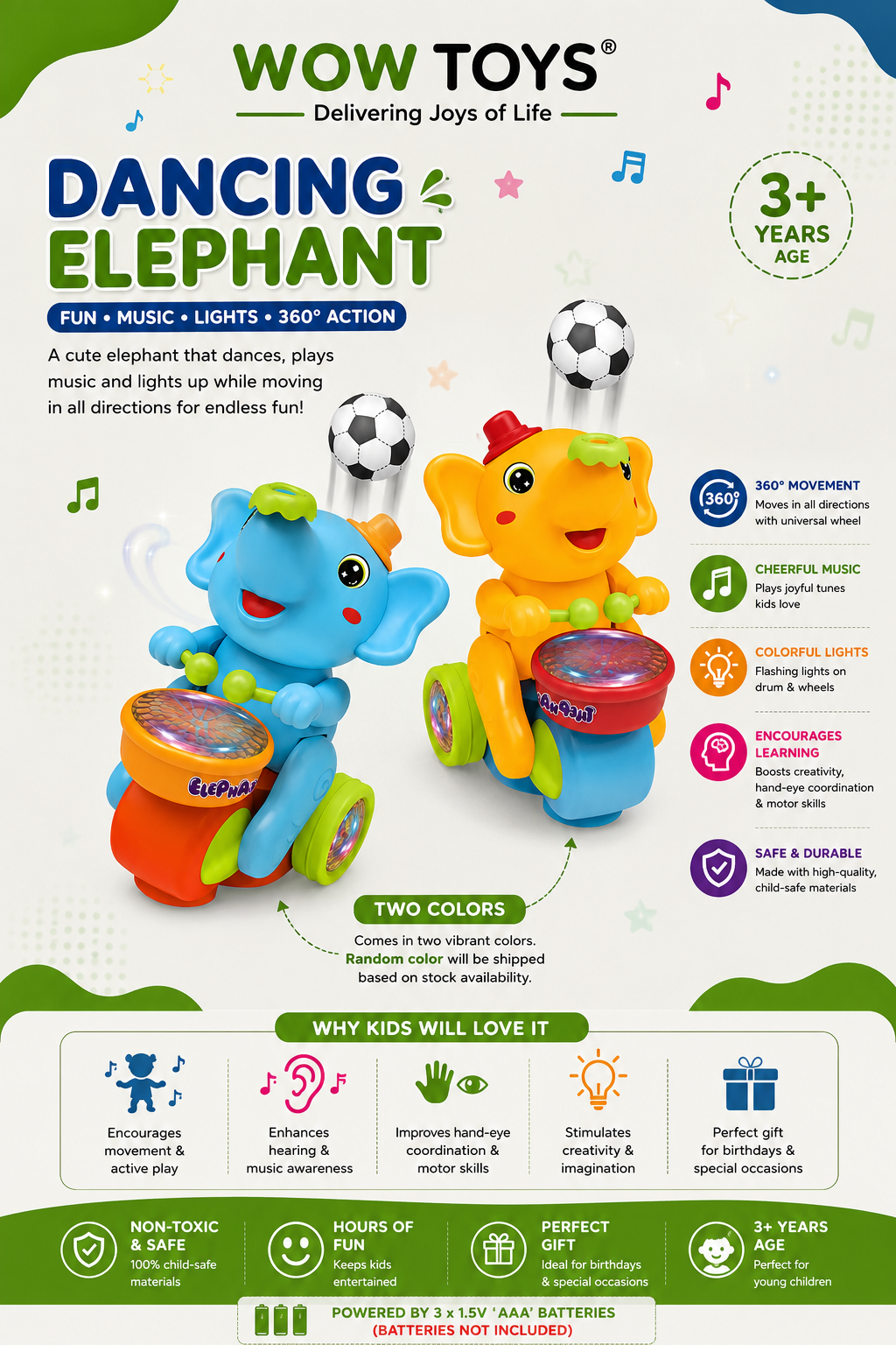 WOW TOYS® Elephant Musical Toy with Lights, 360° Universal Wheel & Ball Balancing for Kids- 3+ Years