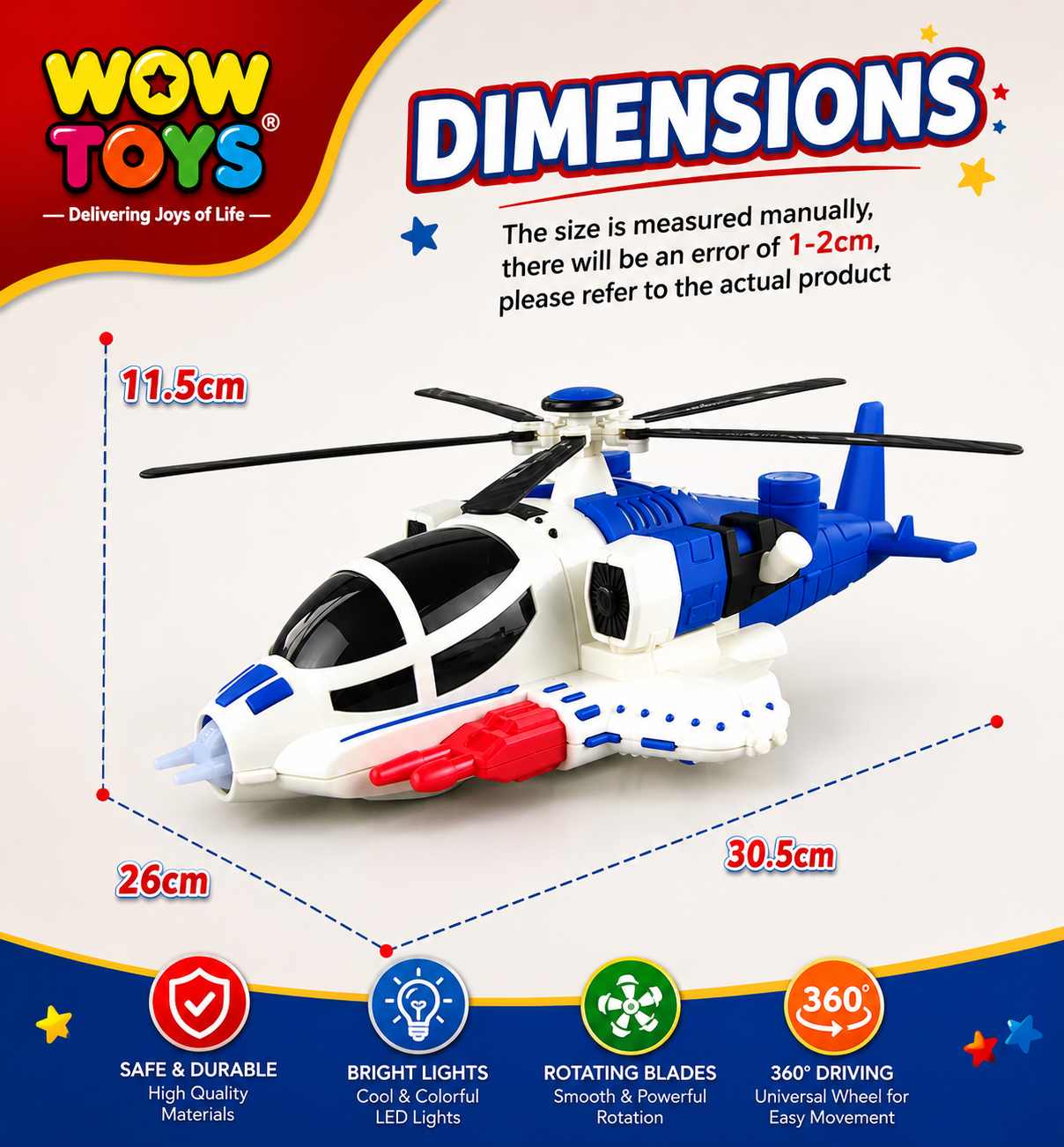 WOW TOYS® Musical Helicopter Toy with Rotating Blades, LED Lights & 360° Universal Driving for Kids 3+ Years
