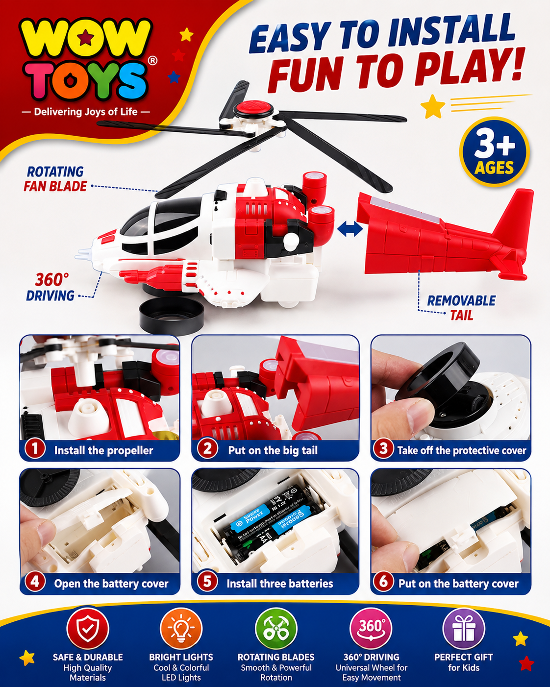 WOW TOYS® Musical Helicopter Toy with Rotating Blades, LED Lights & 360° Universal Driving for Kids 3+ Years