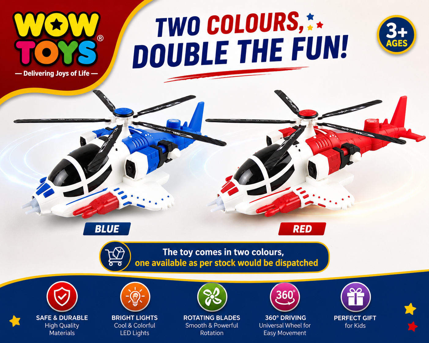 WOW TOYS® Musical Helicopter Toy with Rotating Blades, LED Lights & 360° Universal Driving for Kids 3+ Years