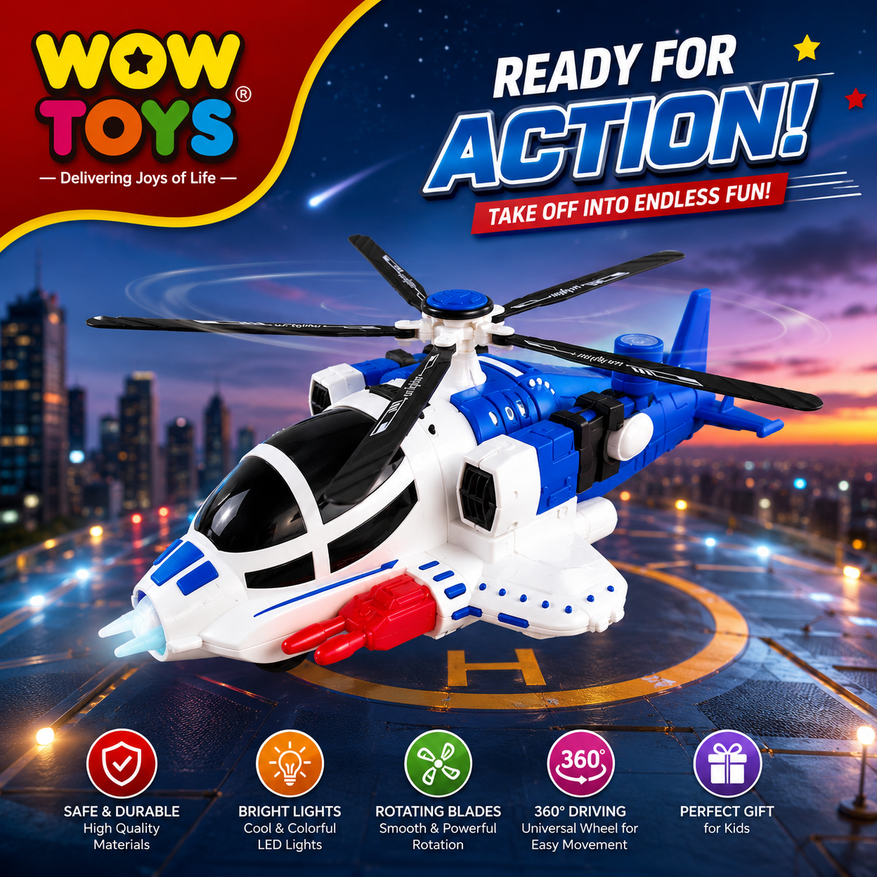 WOW TOYS® Musical Helicopter Toy with Rotating Blades, LED Lights & 360° Universal Driving for Kids 3+ Years