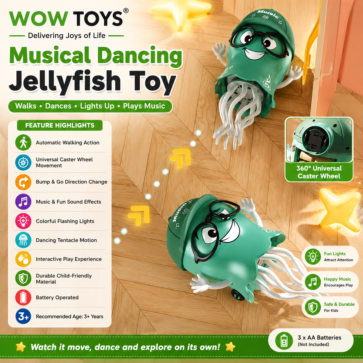 WOW TOYS® Musical Dancing Jellyfish Toy with Realistic Smoke Spray, Flashing LED Lights for Kids- 3 Years+