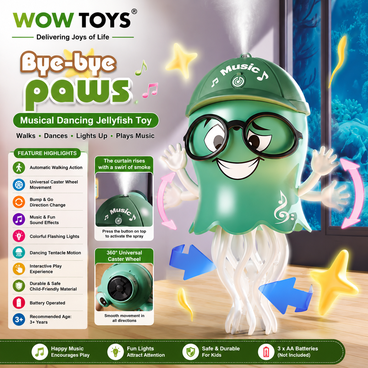 WOW TOYS® Musical Dancing Jellyfish Toy with Realistic Smoke Spray, Flashing LED Lights for Kids- 3 Years+