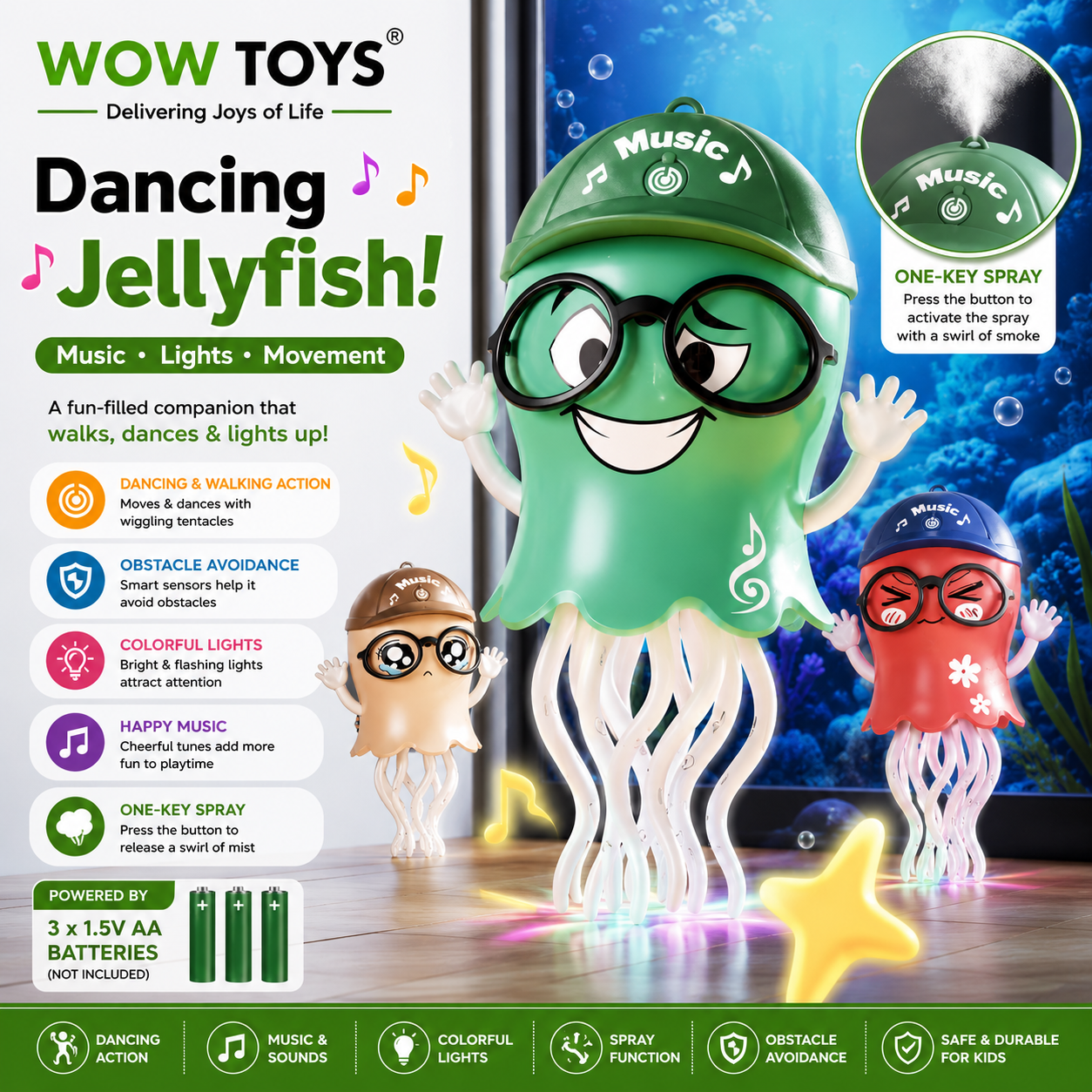 WOW TOYS® Musical Dancing Jellyfish Toy with Realistic Smoke Spray, Flashing LED Lights for Kids- 3 Years+