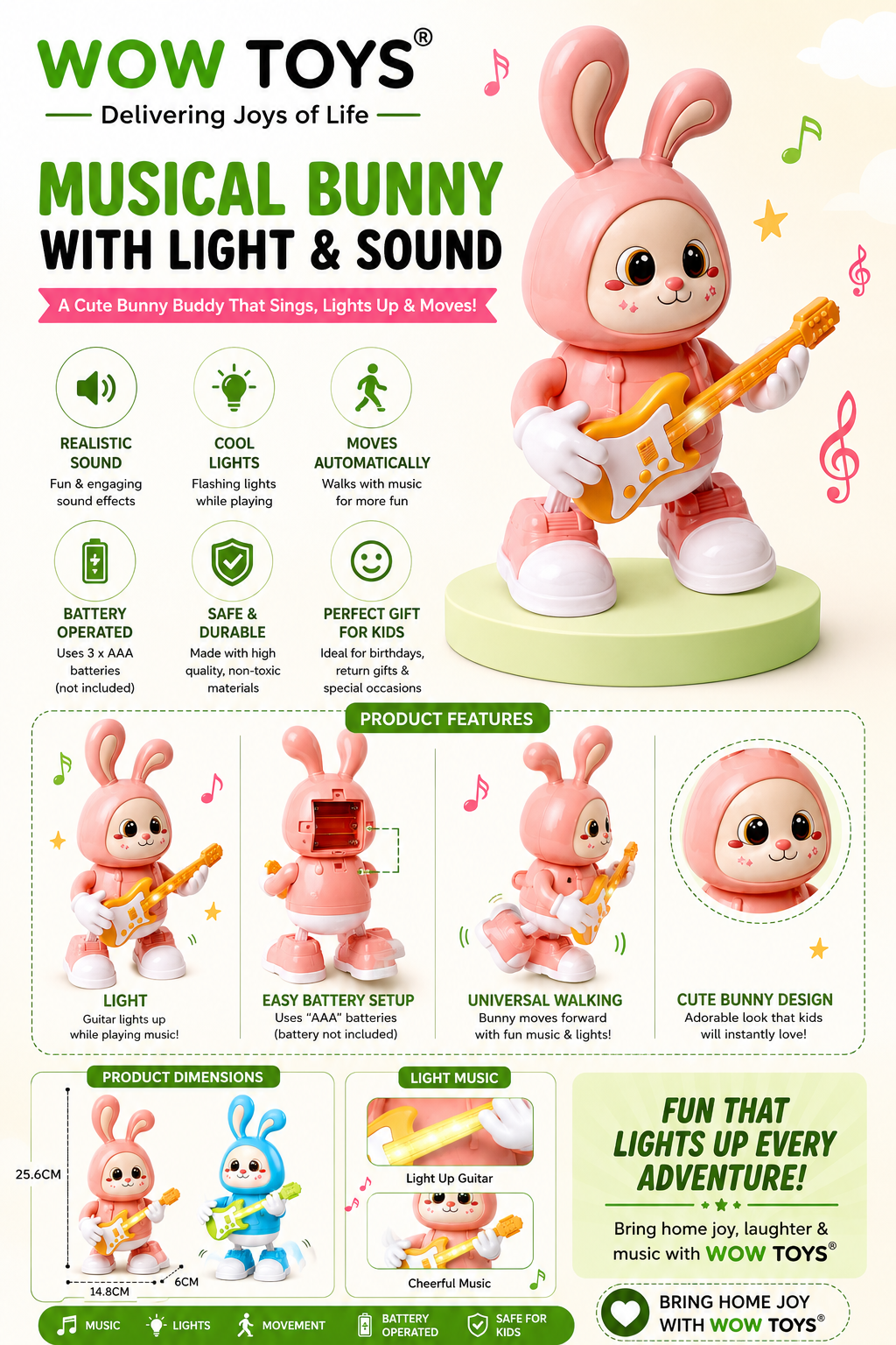 WOW TOYS® Musical Bunny Toy with Light & Sound, Walking Rabbit Guitar Toy for Kids 3+ Years