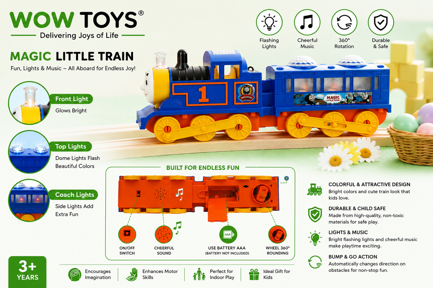WOW TOYS® Magic Little Train Battery Operated Toy with Flashing Lights, Music & 360° Rotation for Kids 3+ Years