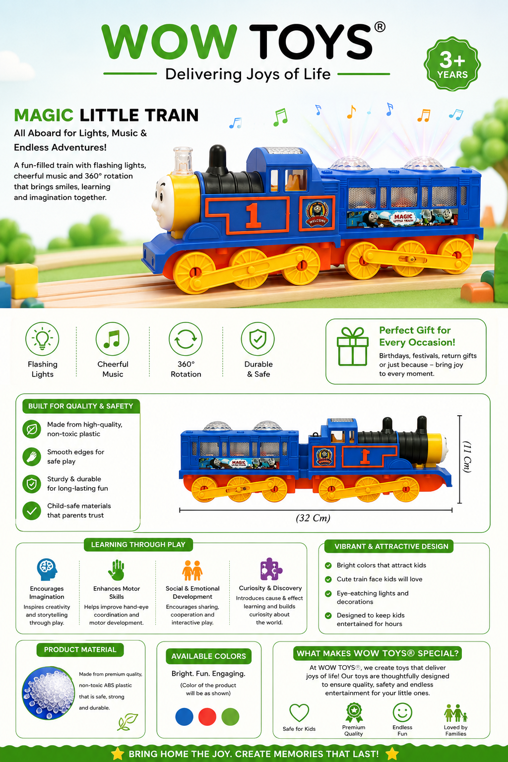 WOW TOYS® Magic Little Train Battery Operated Toy with Flashing Lights, Music & 360° Rotation for Kids 3+ Years