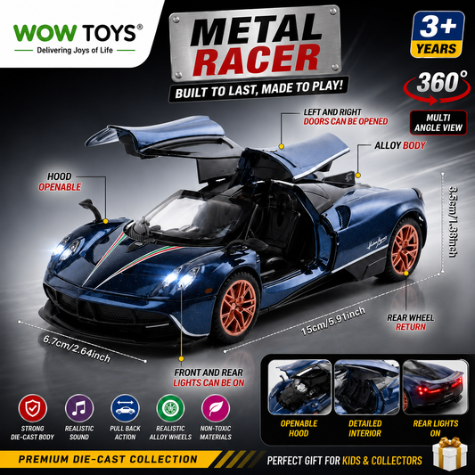 WOW TOYS® 1:32 Die-Cast Huayra Hyper Car with Openable Gullwing Doors, Lights & Music- 3 years+