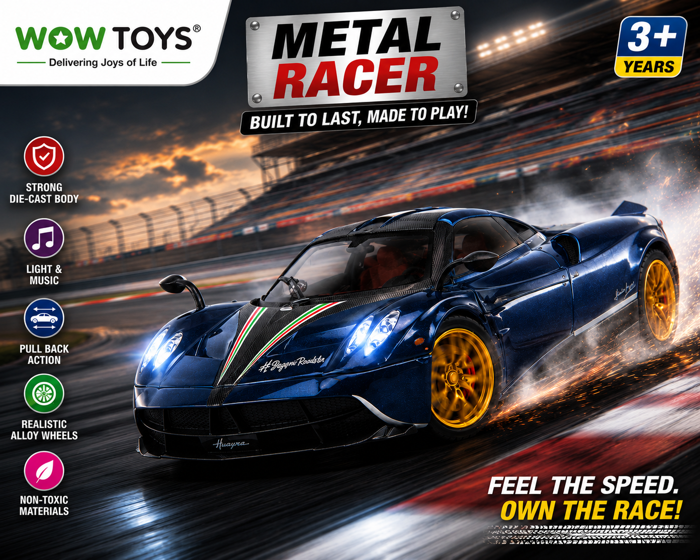 WOW TOYS® 1:32 Die-Cast Huayra Hyper Car with Openable Gullwing Doors, Lights & Music- 3 years+
