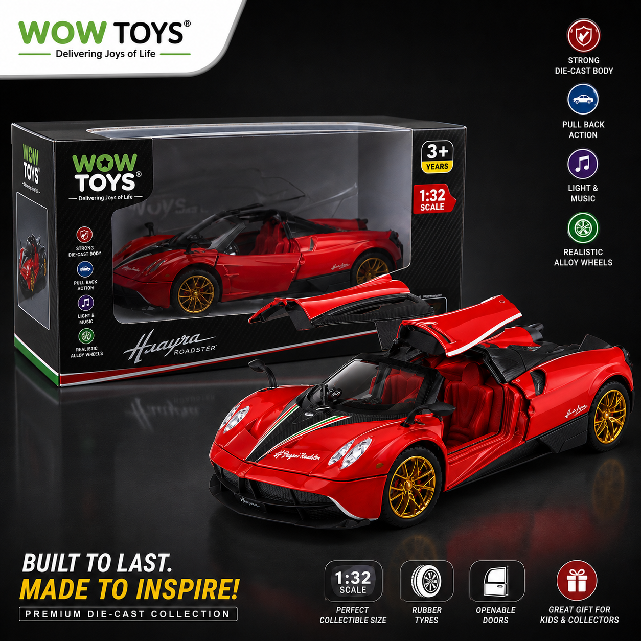 WOW TOYS® 1:32 Die-Cast Huayra Hyper Car with Openable Gullwing Doors, Lights & Music- 3 years+