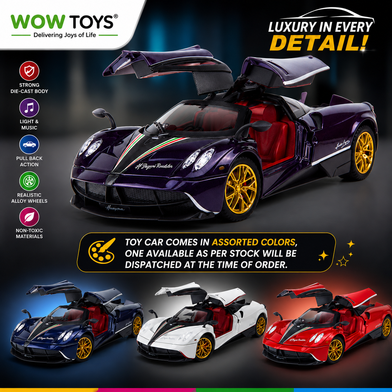 WOW TOYS® 1:32 Die-Cast Huayra Hyper Car with Openable Gullwing Doors, Lights & Music- 3 years+