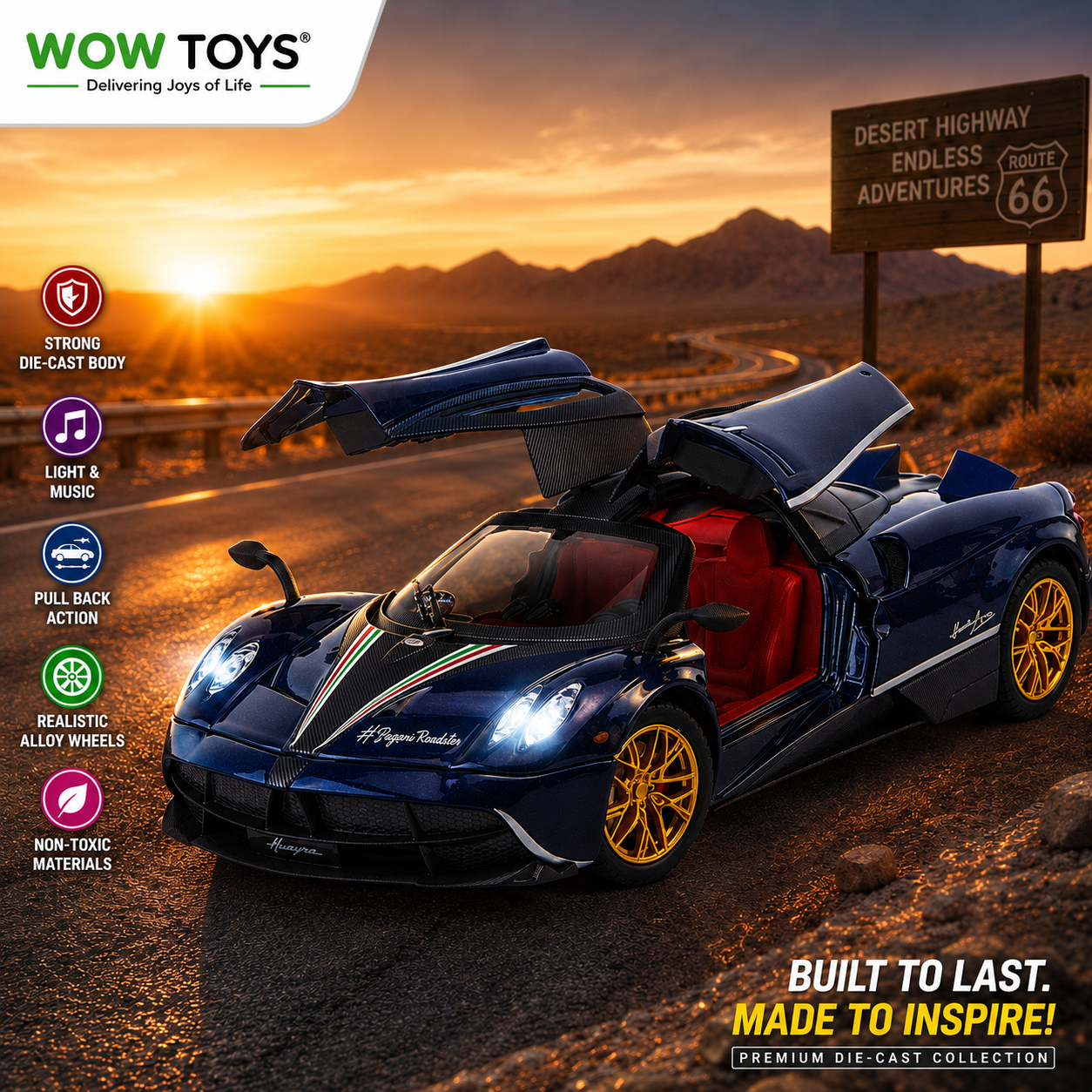 WOW TOYS® 1:32 Die-Cast Huayra Hyper Car with Openable Gullwing Doors, Lights & Music- 3 years+