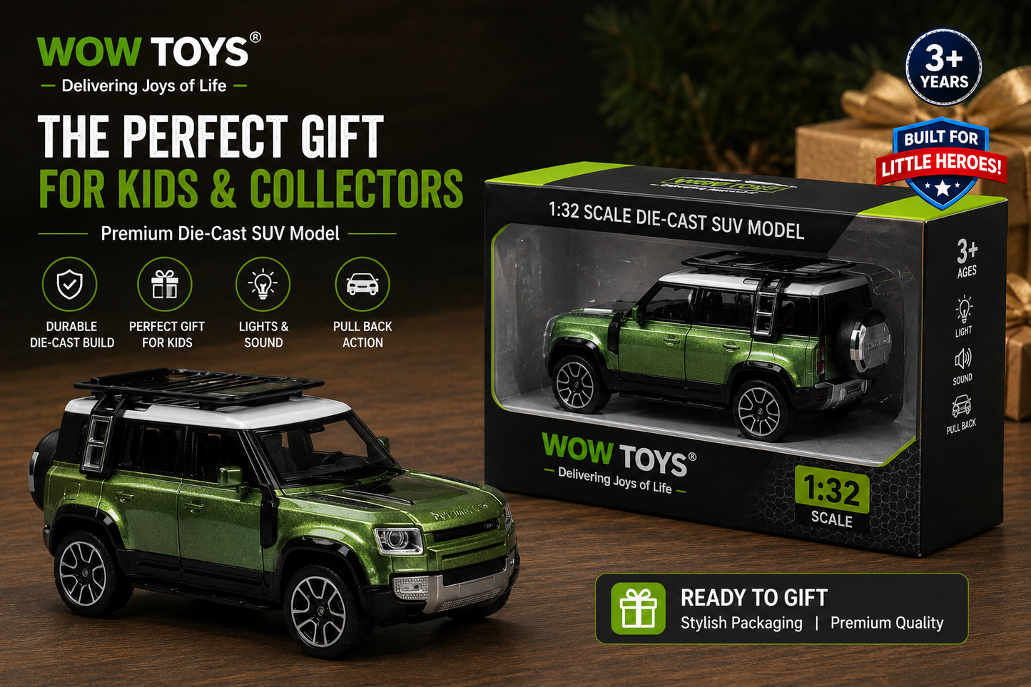 WOW TOYS® 1:32 Die-Cast Metal SUV Model Car with Opening Doors, Lights & Sound & Pull Back Action