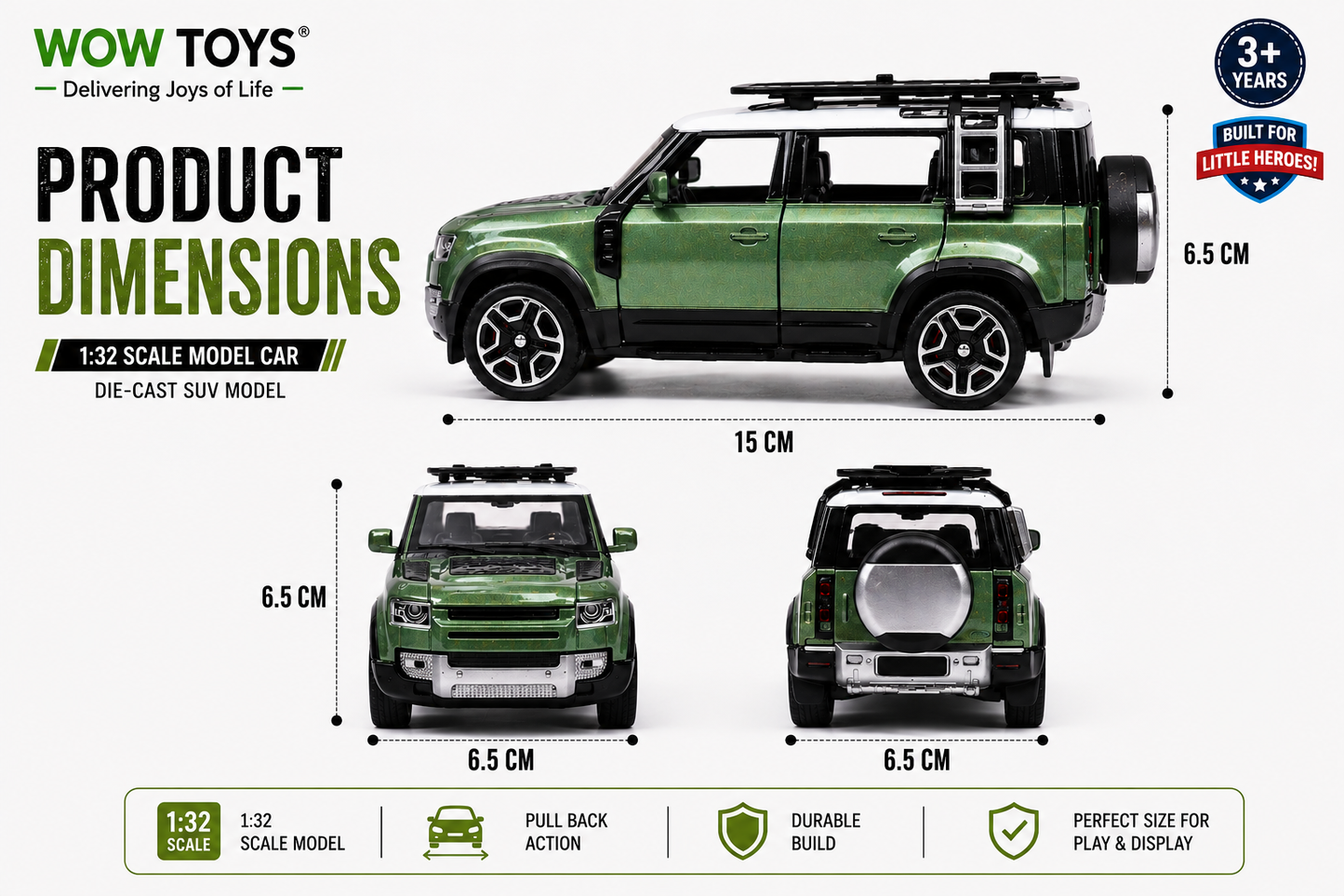 WOW TOYS® 1:32 Die-Cast Metal SUV Model Car with Opening Doors, Lights & Sound & Pull Back Action