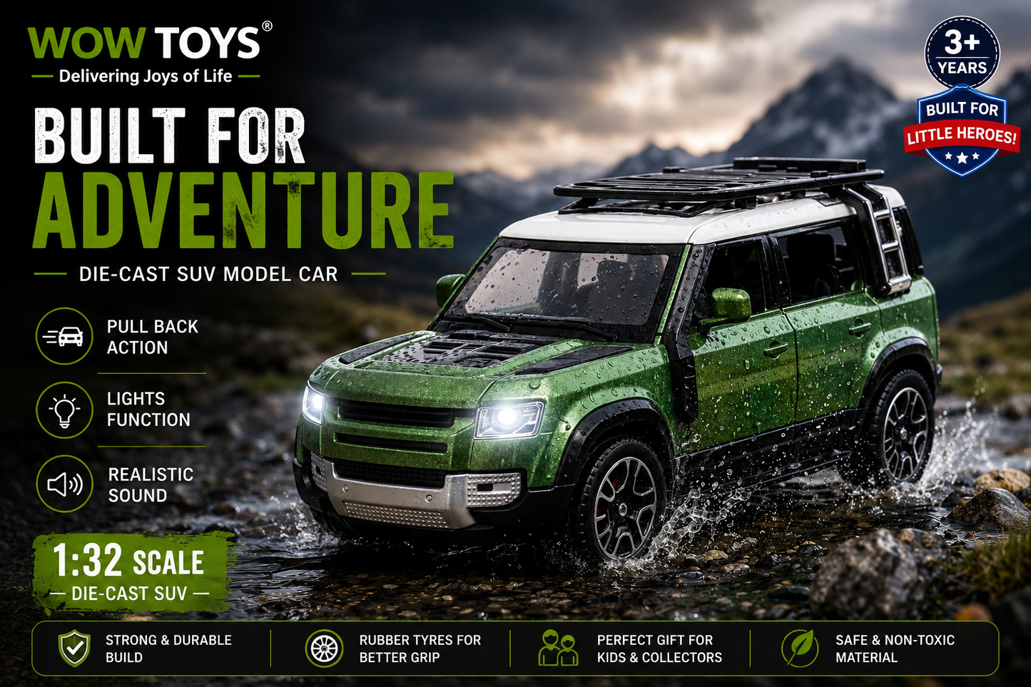 WOW TOYS® 1:32 Die-Cast Metal SUV Model Car with Opening Doors, Lights & Sound & Pull Back Action
