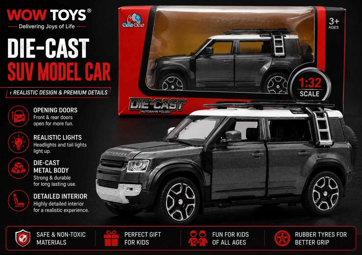 WOW TOYS® 1:32 Die-Cast Metal SUV Model Car with Opening Doors, Lights & Sound & Pull Back Action