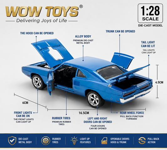 WOW TOYS® 1:28 Scale Die-Cast Challenger Car Model with Lights, Sound, Openable Doors, Hood & Trunk