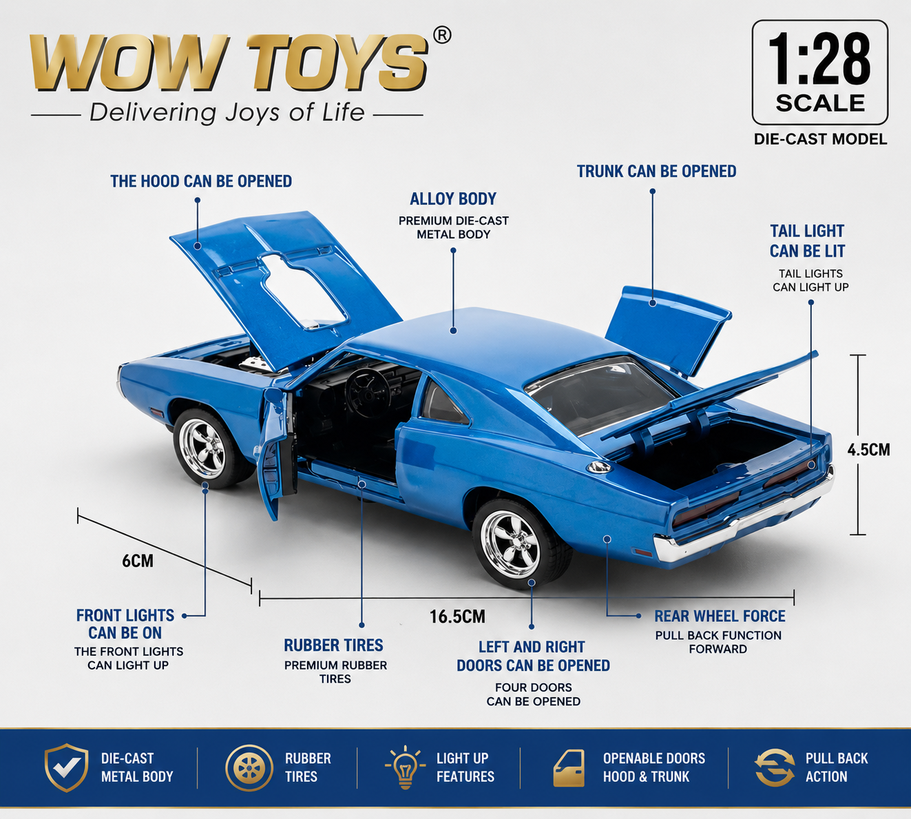 WOW TOYS® 1:28 Scale Die-Cast Challenger Car Model with Lights, Sound, Openable Doors, Hood & Trunk