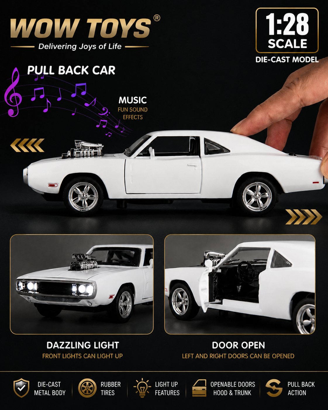 WOW TOYS® 1:28 Scale Die-Cast Challenger Car Model with Lights, Sound, Openable Doors, Hood & Trunk