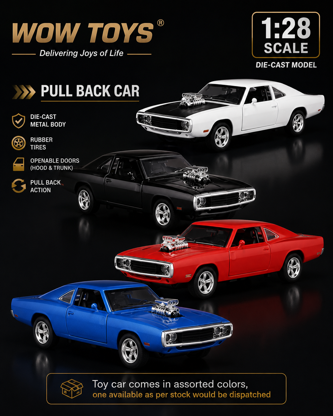WOW TOYS® 1:28 Scale Die-Cast Challenger Car Model with Lights, Sound, Openable Doors, Hood & Trunk