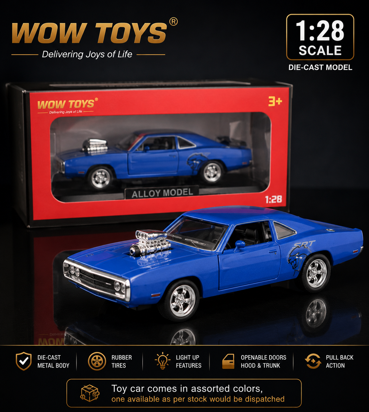 WOW TOYS® 1:28 Scale Die-Cast Challenger Car Model with Lights, Sound, Openable Doors, Hood & Trunk