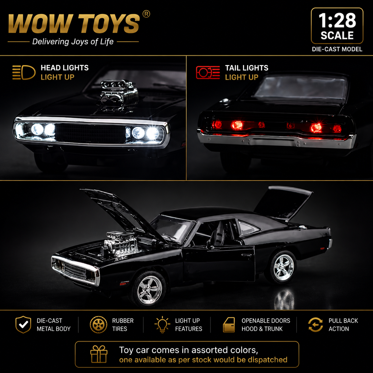 WOW TOYS® 1:28 Scale Die-Cast Challenger Car Model with Lights, Sound, Openable Doors, Hood & Trunk