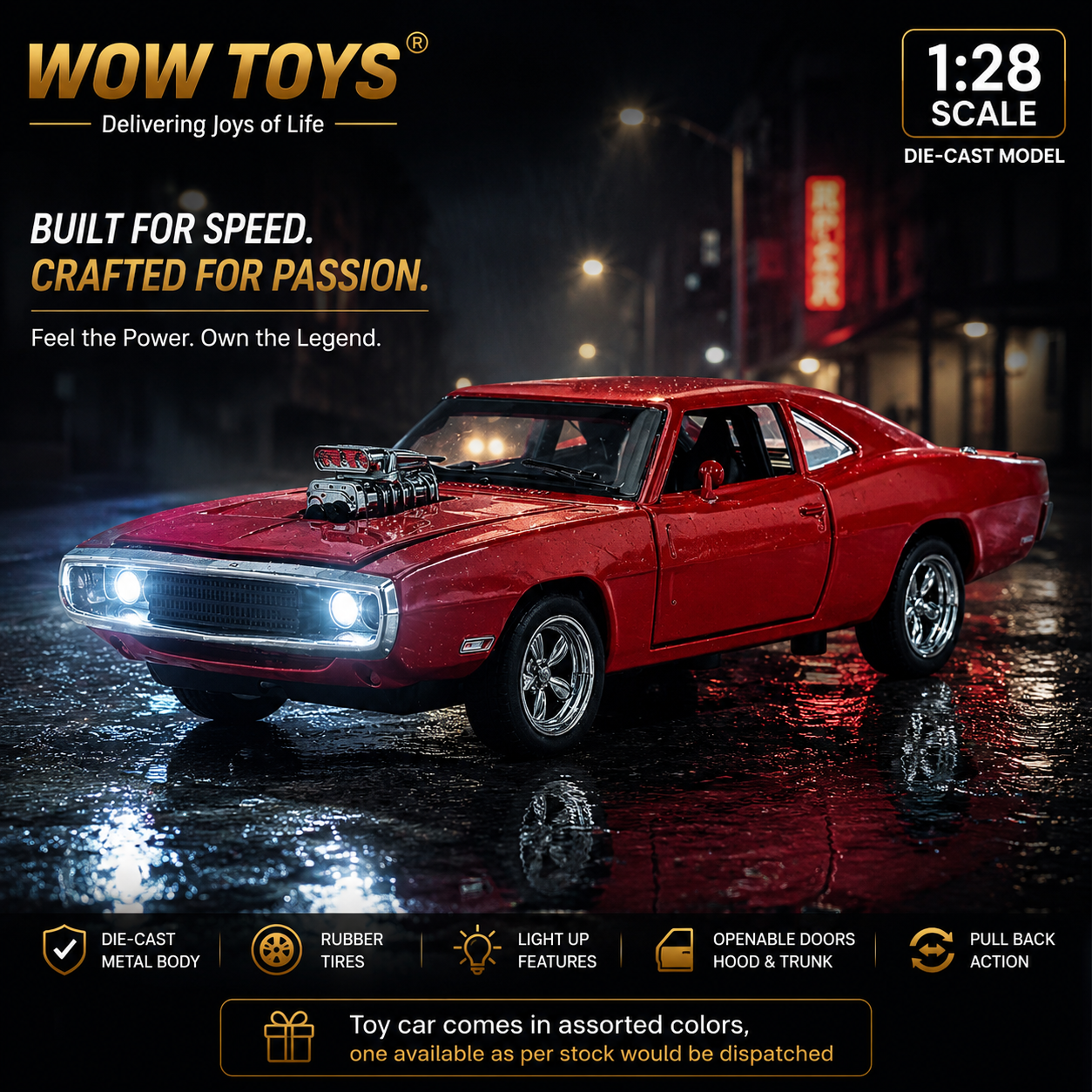 WOW TOYS® 1:28 Scale Die-Cast Challenger Car Model with Lights, Sound, Openable Doors, Hood & Trunk