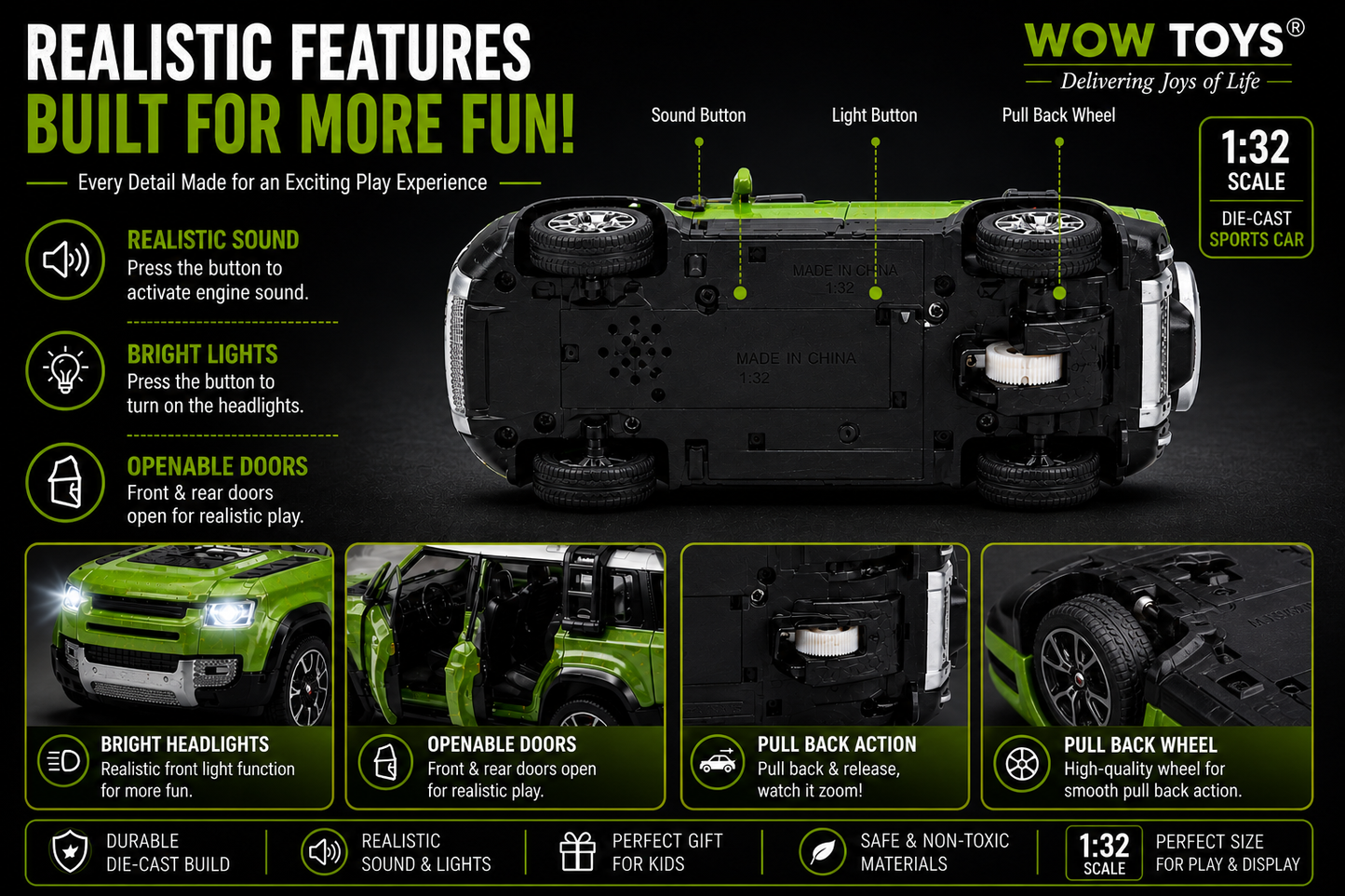 WOW TOYS® 1:32 Die-Cast Metal SUV Model Car with Opening Doors, Lights & Sound & Pull Back Action