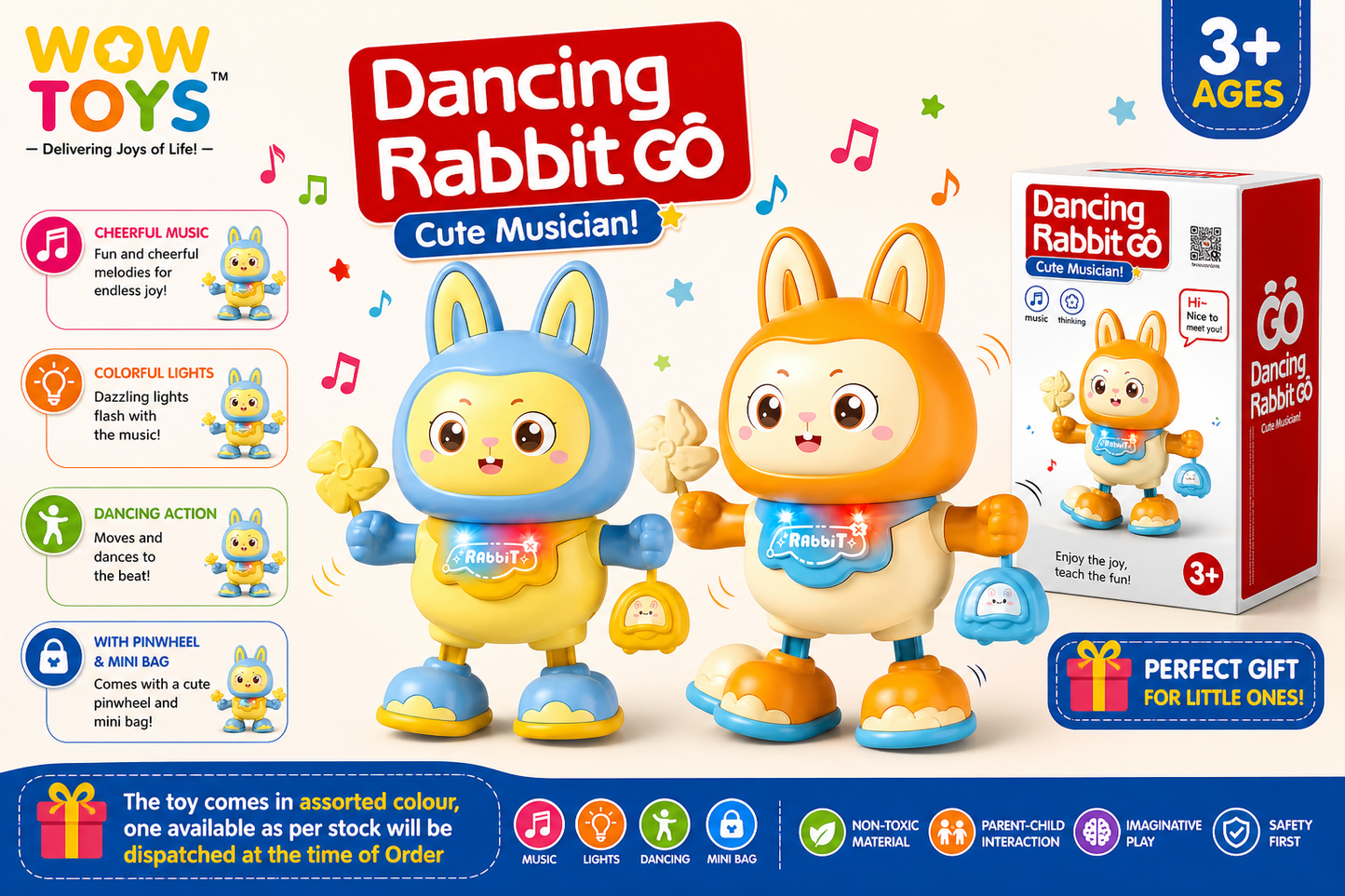 WOW TOYS® Dancing Rabbit GO Musical Dancing Toy with Flashing Lights, Pinwheel & Mini Bag for Kids 3+ Years