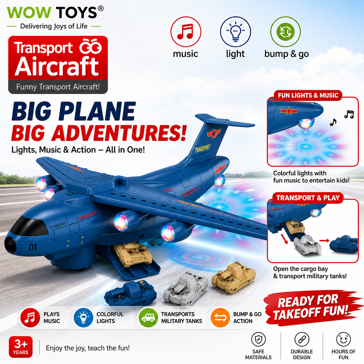 WOW TOYS® Military Transport Aircraft Toy with 3 Mini Military Tanks, Lights, Music &amp; Bump and Go Action for Kids 3+ Years
