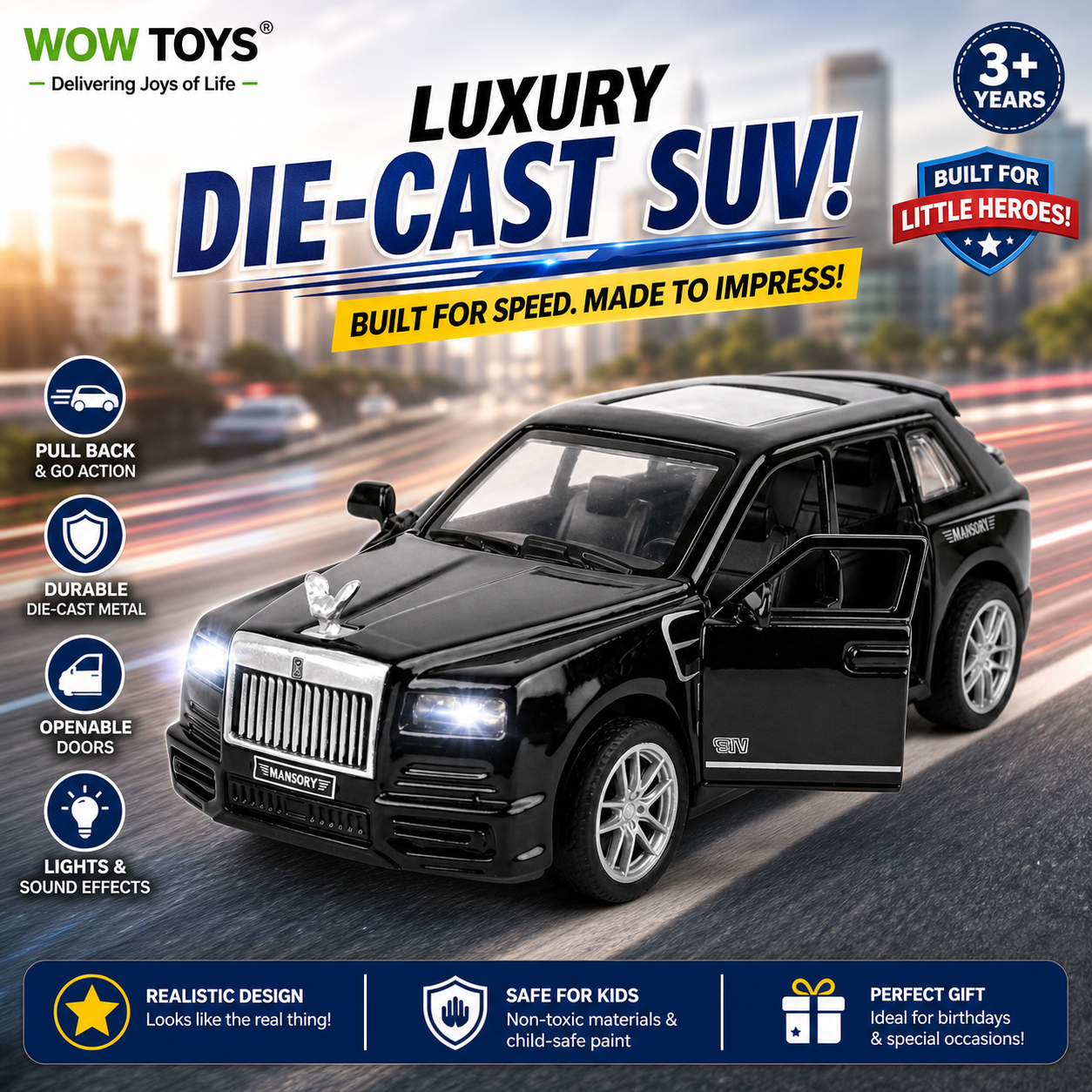 WOW TOYS® Die-Cast Luxury SUV Toy Car with Lights, Sound & Openable Doors
