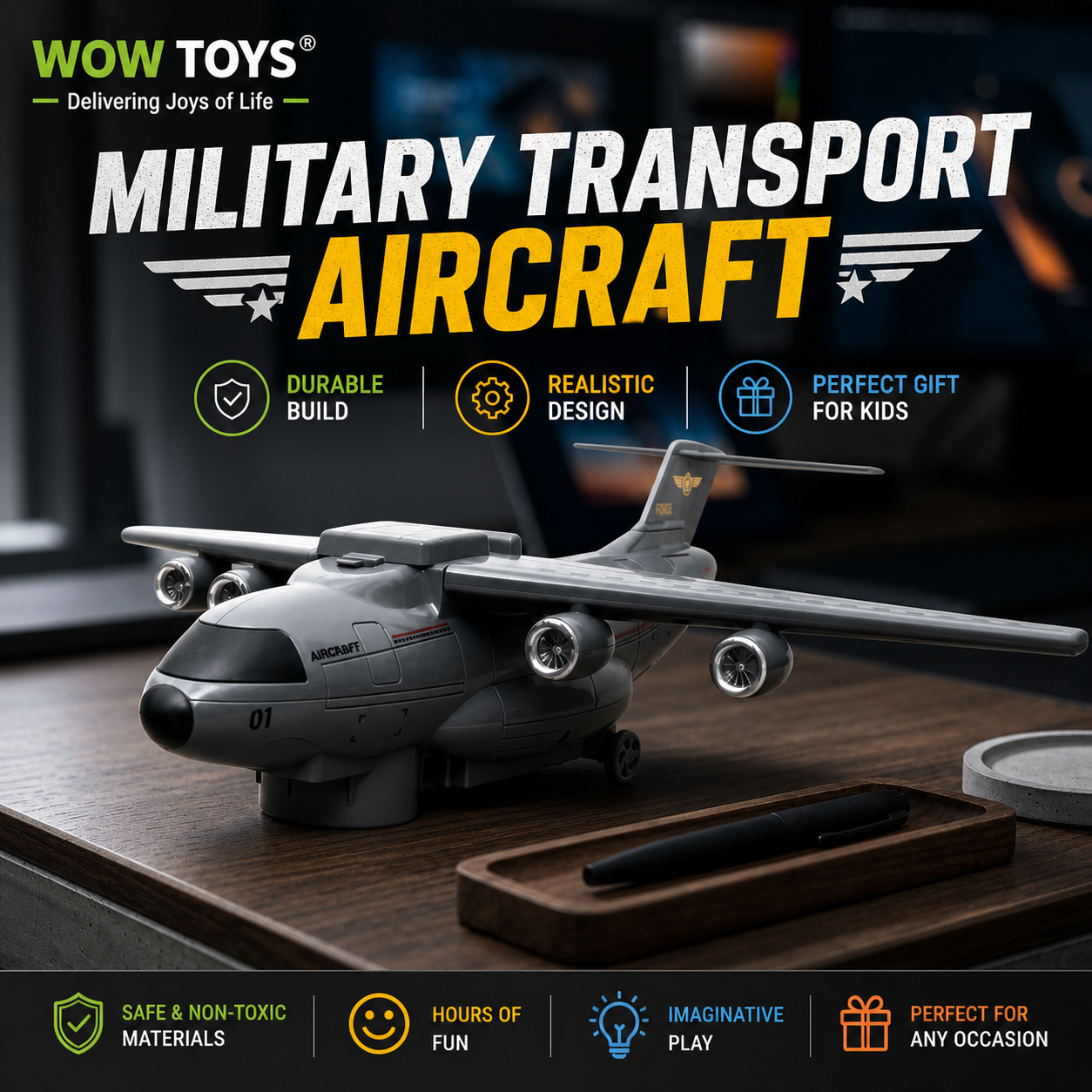 WOW TOYS® Military Transport Aircraft Toy with 3 Mini Military Tanks, Lights, Music &amp; Bump and Go Action for Kids 3+ Years