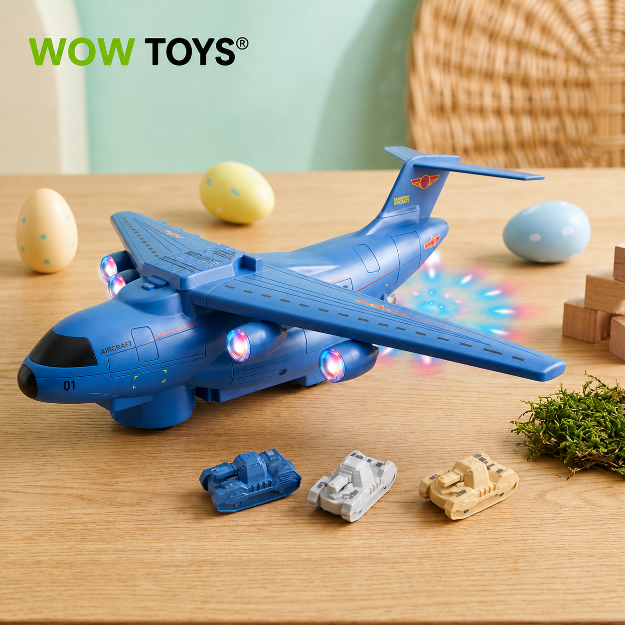 WOW TOYS® Military Transport Aircraft Toy with 3 Mini Military Tanks, Lights, Music &amp; Bump and Go Action for Kids 3+ Years