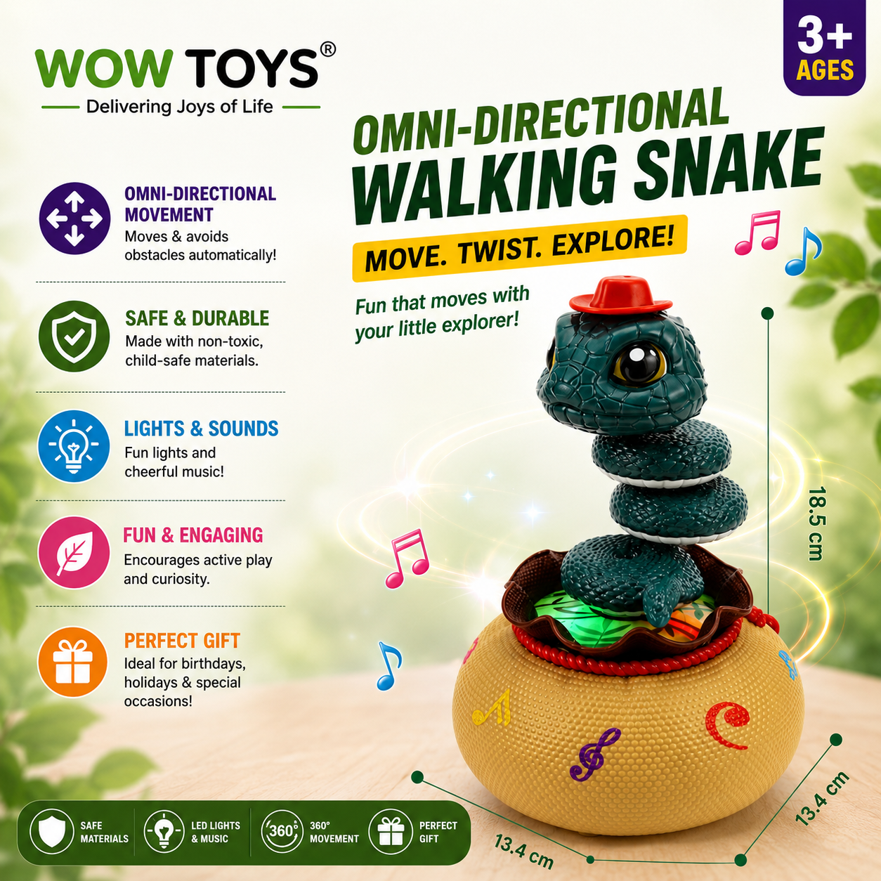 WOW TOYS® Premium Omni-Directional Rechargeable Musical Snake Toy with LED Lights for kids- 3 years+