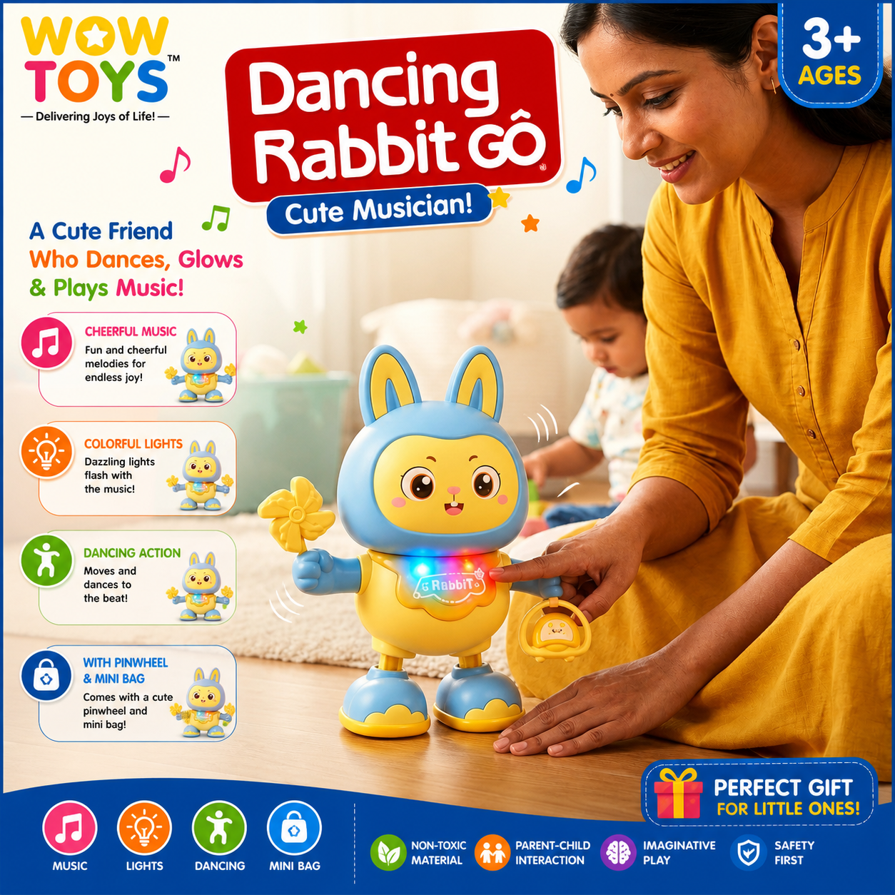 WOW TOYS® Dancing Rabbit GO Musical Dancing Toy with Flashing Lights, Pinwheel & Mini Bag for Kids 3+ Years