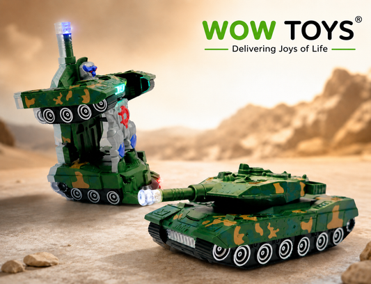 WOW TOYS® 2-in-1 Auto Transformation Combat Tank Robot Toy with LED Lights, Music, 360° Rotation for Kids- 3 Year+