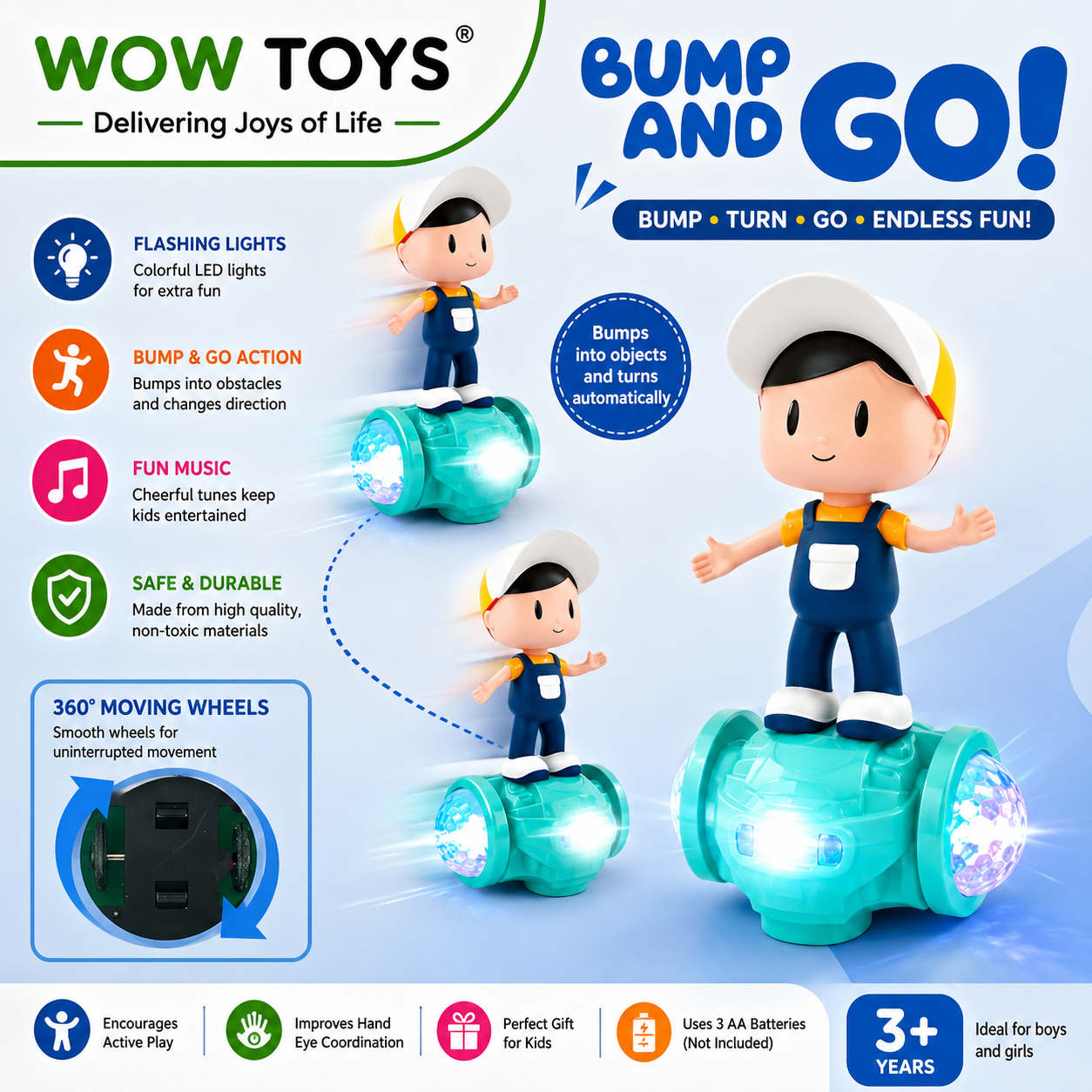 WOW TOYS® Dancing Boy Toy with 5D Flashing LED Lights, Music & 360° Bump and Go Action