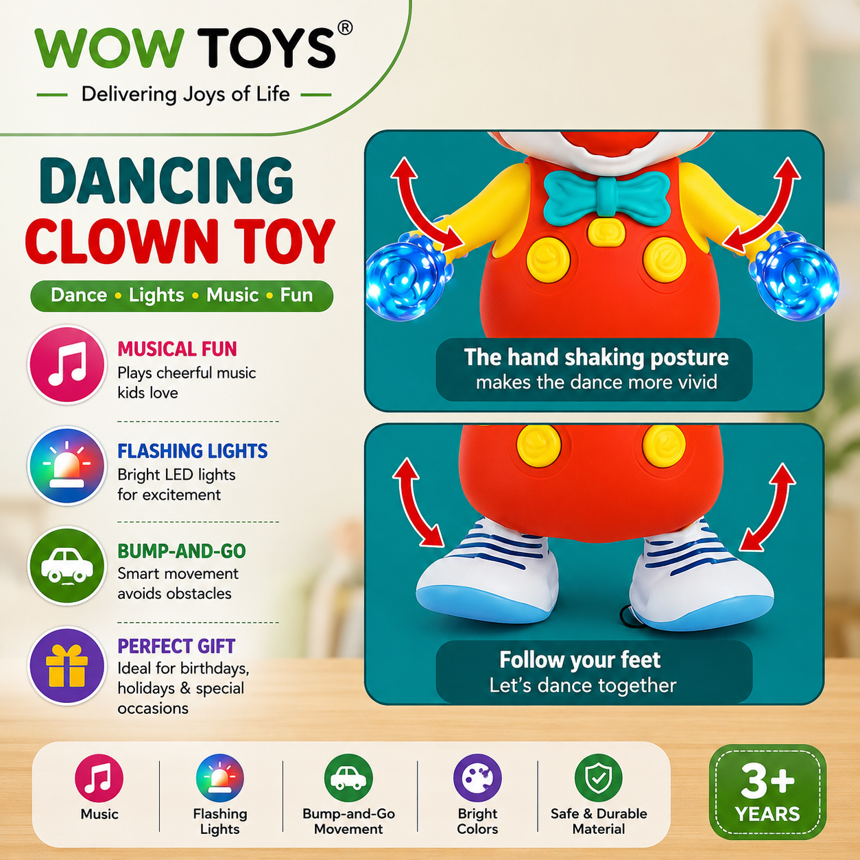 WOW TOYS® Musical Dancing Clown Toy with Flashing LED Lights, Bump and Go Action for Kids 3+ Years