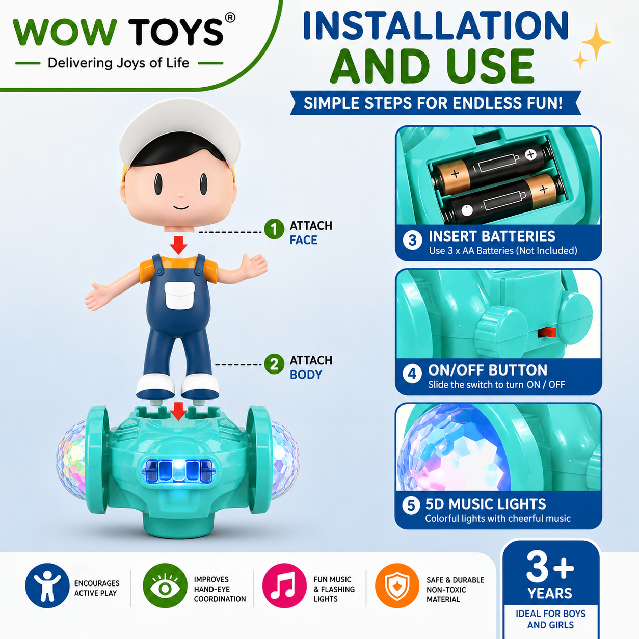 WOW TOYS® Dancing Boy Toy with 5D Flashing LED Lights, Music & 360° Bump and Go Action